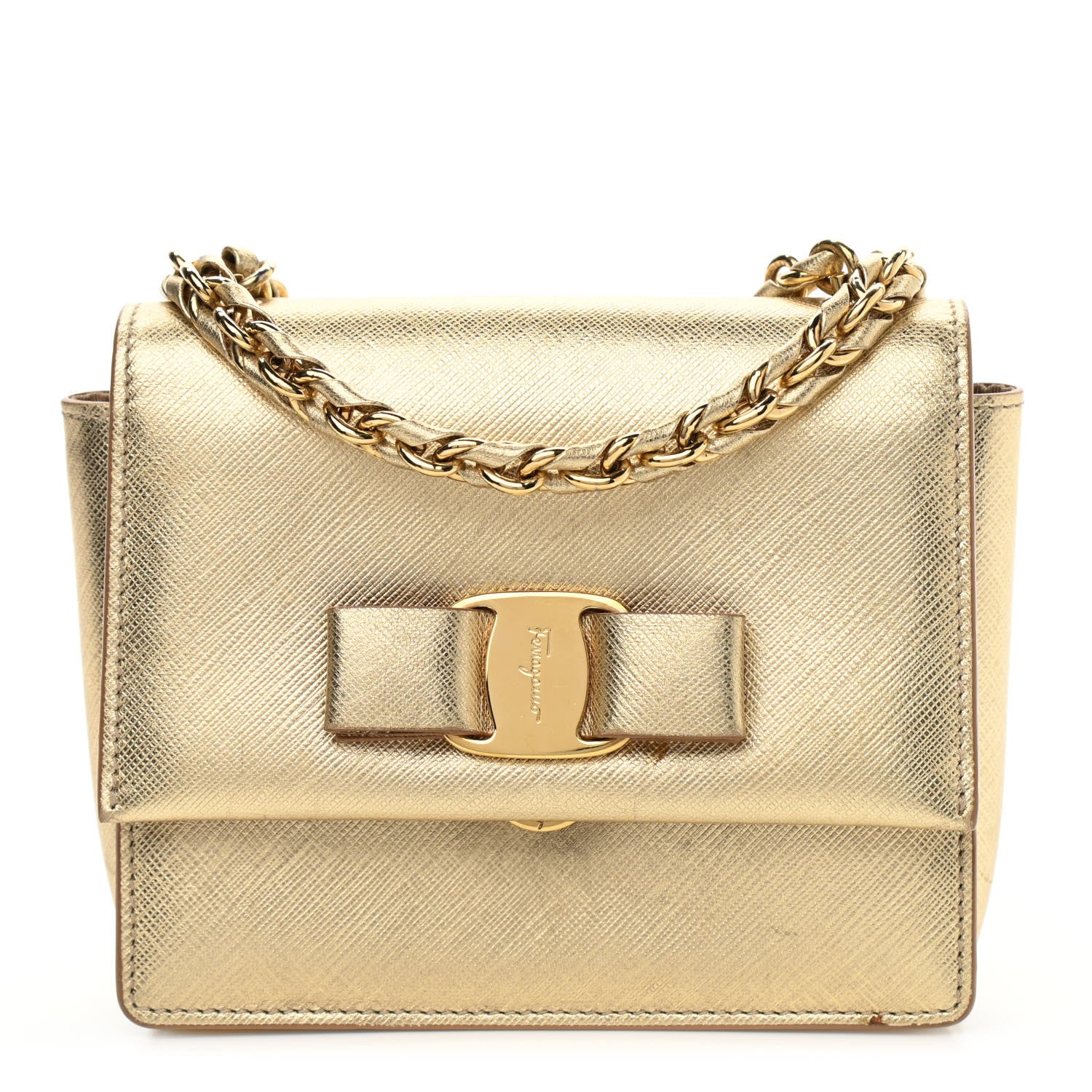 Salvatore Ferragamo Hammered Calfskin Mini Vara Bow Crossbody Bag Gold 1 of 17