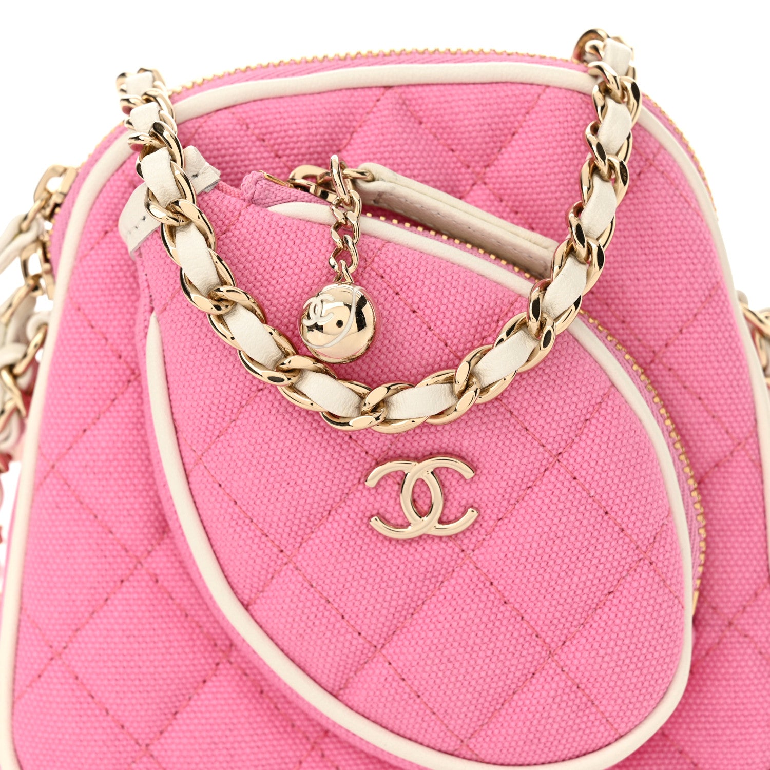 Chanel Canvas Calfskin Tennis Racket Clutch With Chain Pink White