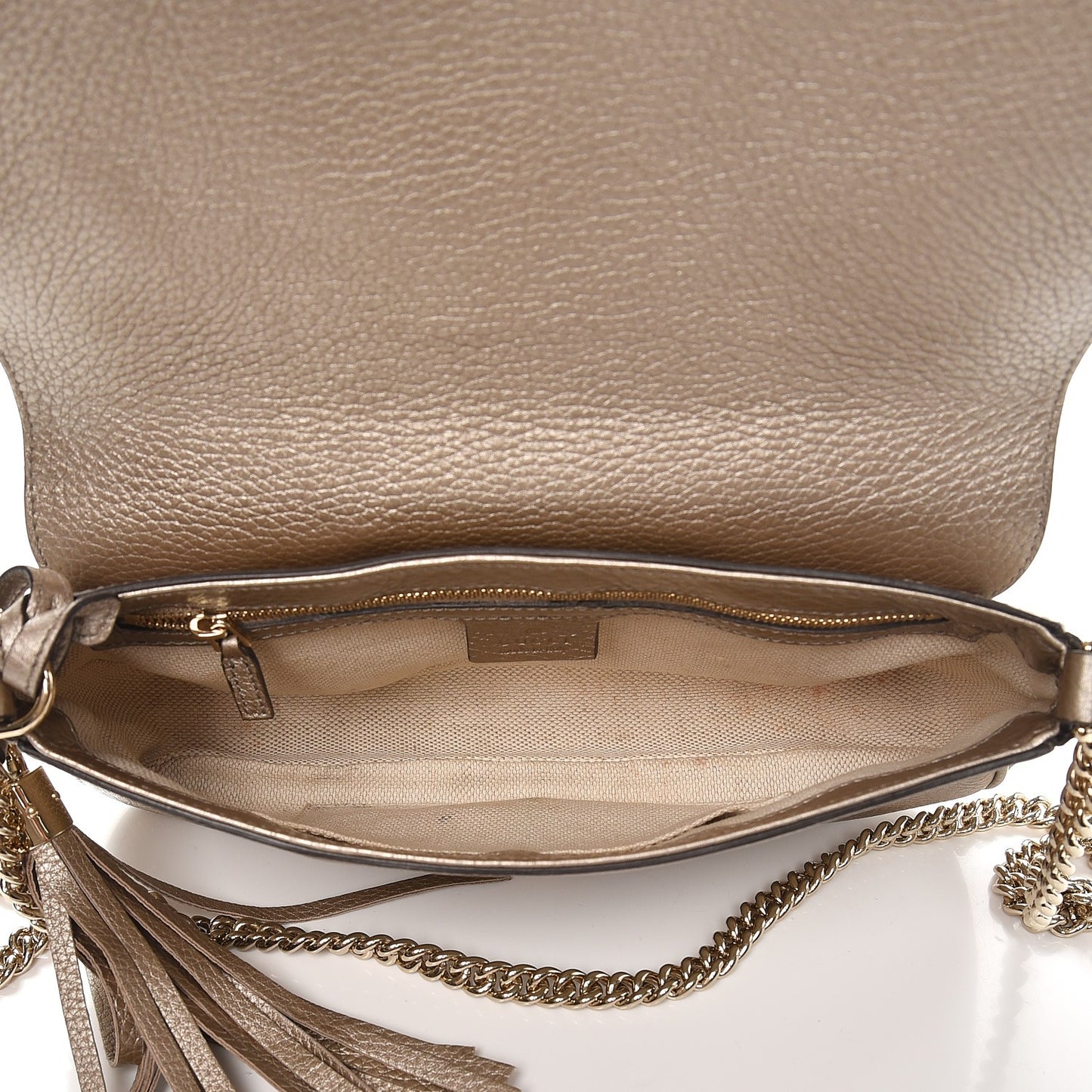 Metallic Pebbled Calfskin Medium Soho Flap Crossbody Golden Beige
