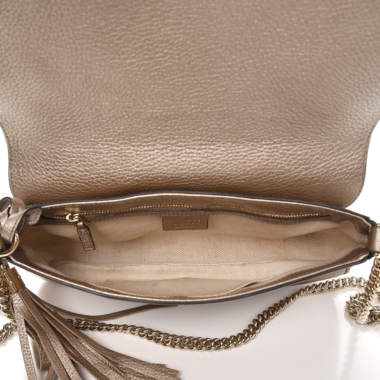 Gucci Metallic Pebbled Calfskin Medium Soho Flap Crossbody Golden Beige 6 of 11