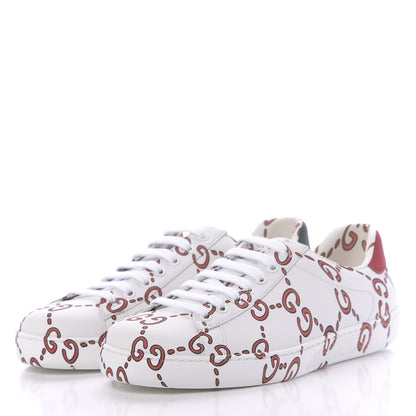 Gucci Calfskin GucciGhost Print Mens Ace Sneakers 7.5 White Hibiscus Red 3 of 9