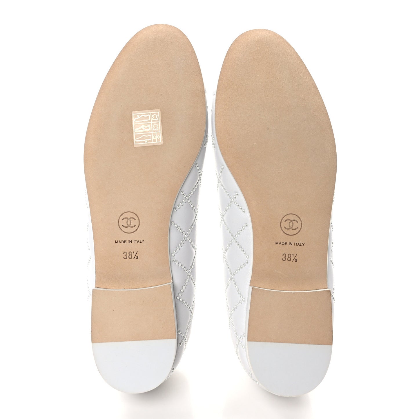 Lambskin Pearl Embroidered Quilted Cap Toe Ballerina Flats 38.5 White