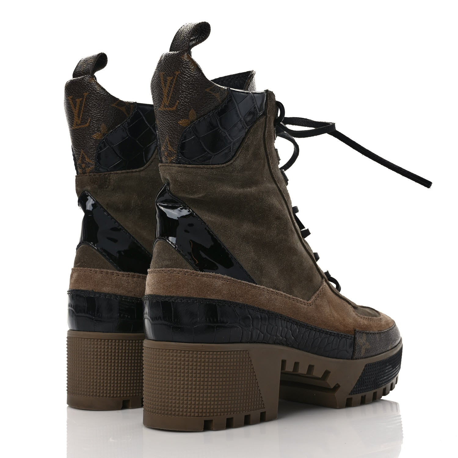 Louis Vuitton Suede Calfskin Crocodile Embossed Patent Monogram Laureate Platform Desert Boots 38 Beige 4 of 8