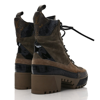 Louis Vuitton Suede Calfskin Crocodile Embossed Patent Monogram Laureate Platform Desert Boots 38 Beige 4 of 8