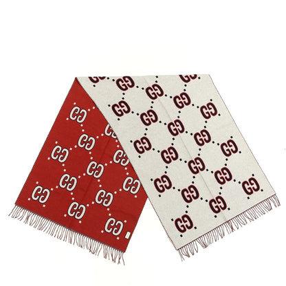 Gucci Cashmere Wool GG Monogram Reversible Intarsia Scarf Red Ivory 2 of 4