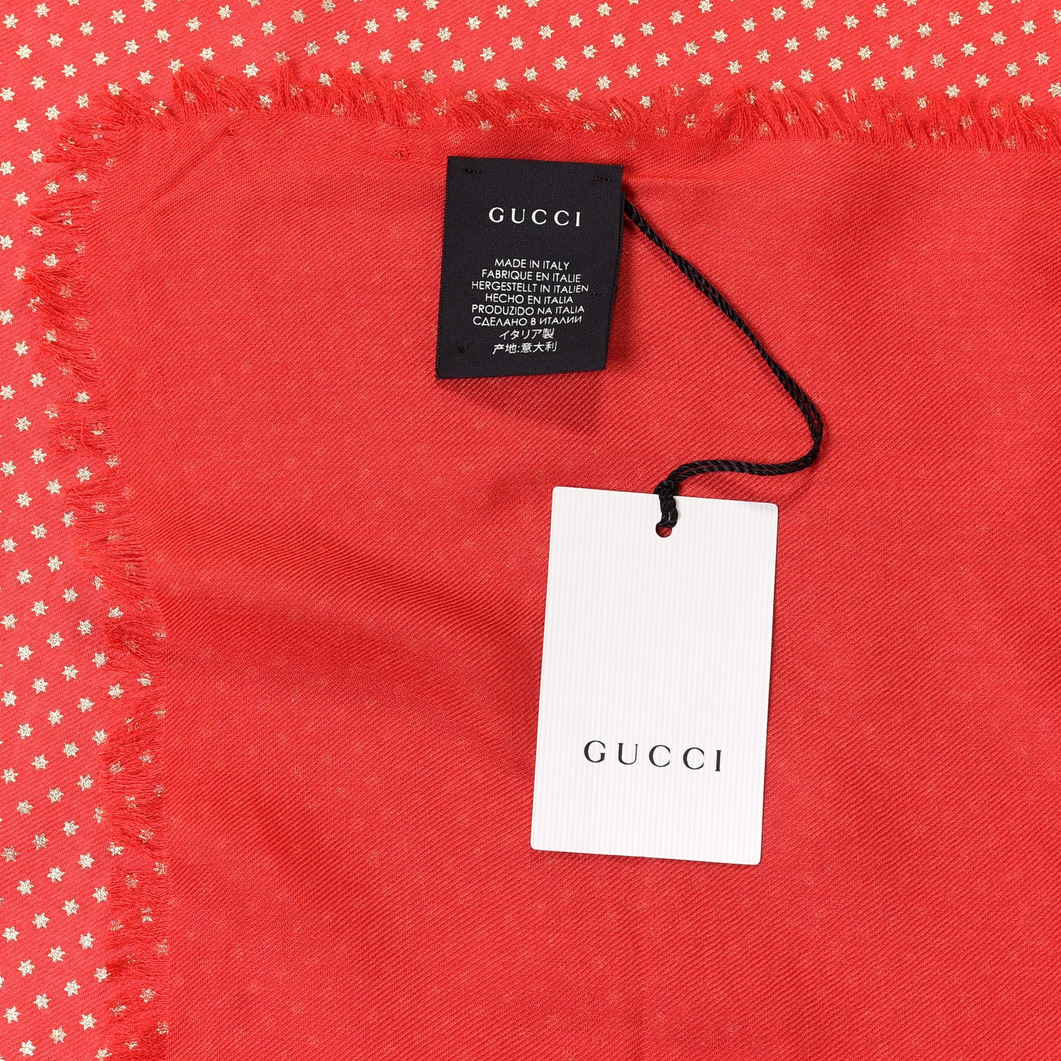 Gucci X SEGA Modal Cashmere GUCCY Stars Print Shawl Flame Red Gold 3 of 4