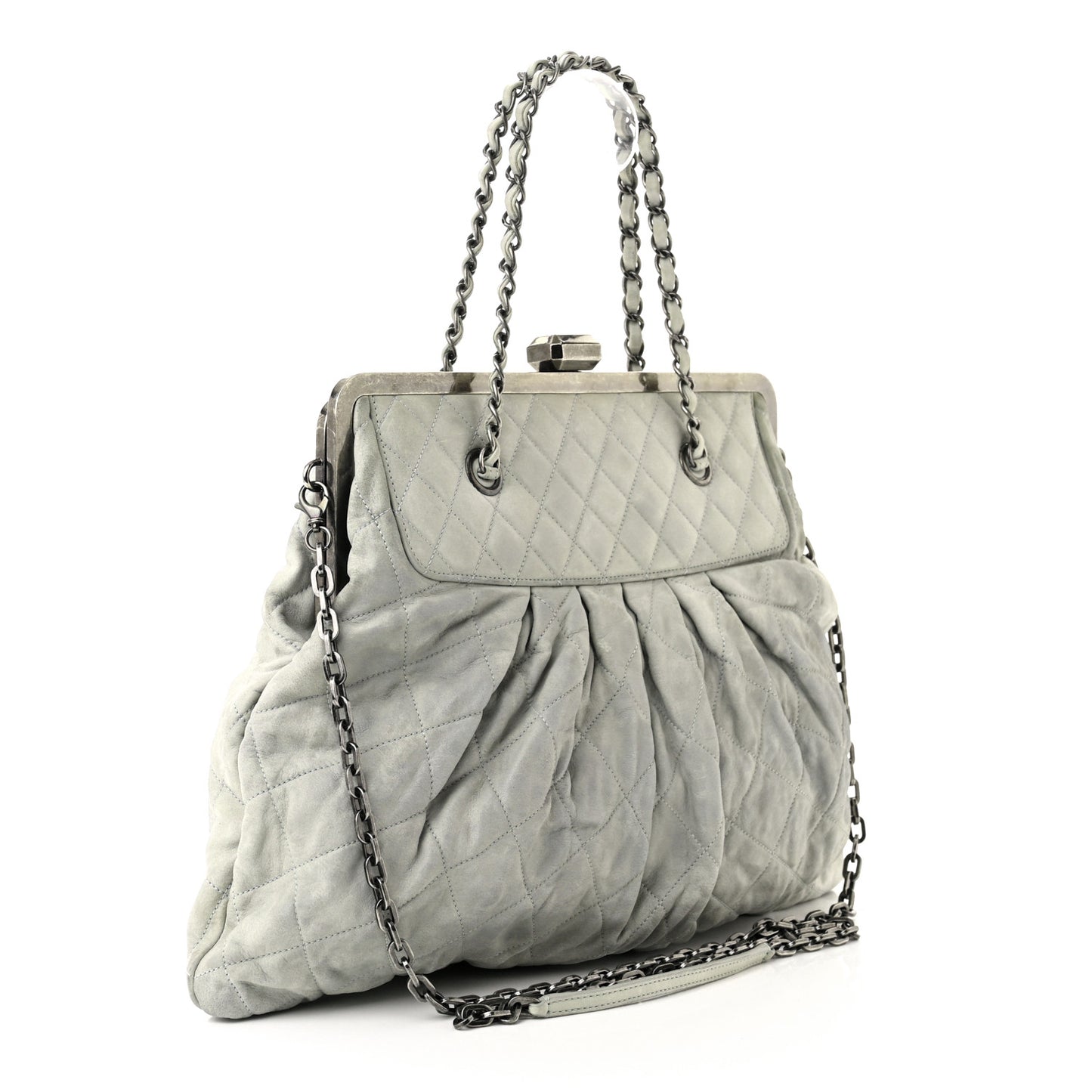 Iridescent Calfskin Chic Quilt Frame Tote Light Grey