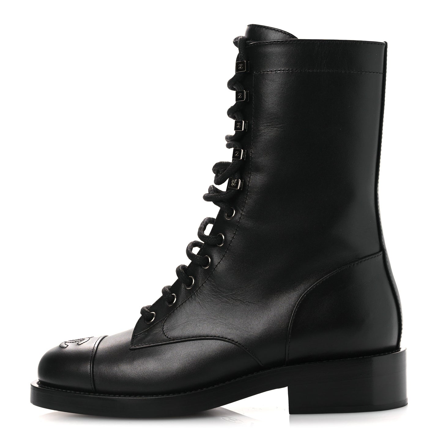 Calfskin Cap Toe Lace Up Combat Boots 37.5 Black
