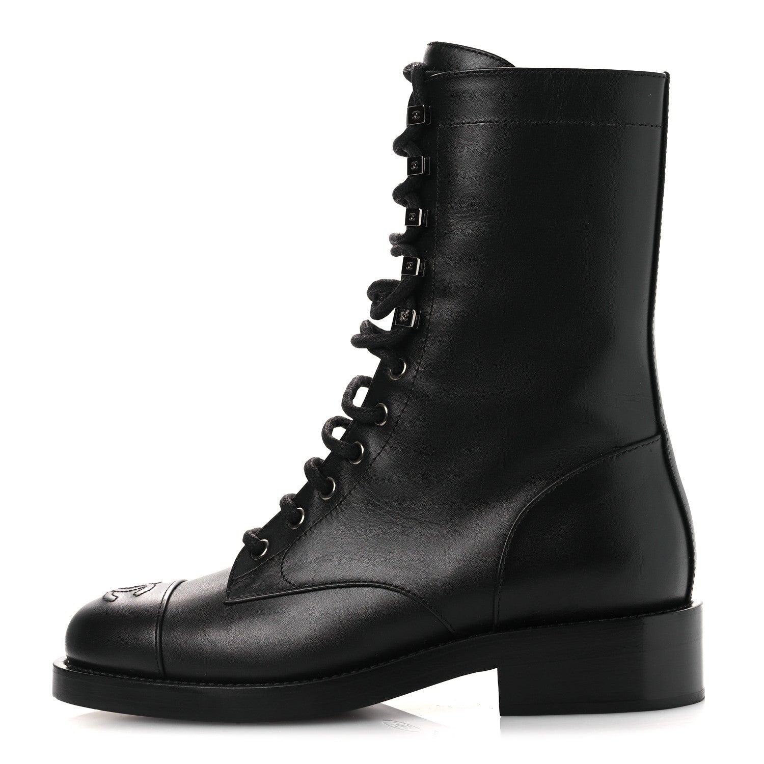 Chanel Calfskin Cap Toe Lace Up Combat Boots 37.5 Black 1 of 11