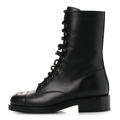 Chanel Calfskin Cap Toe Lace Up Combat Boots 37.5 Black 1 of 11