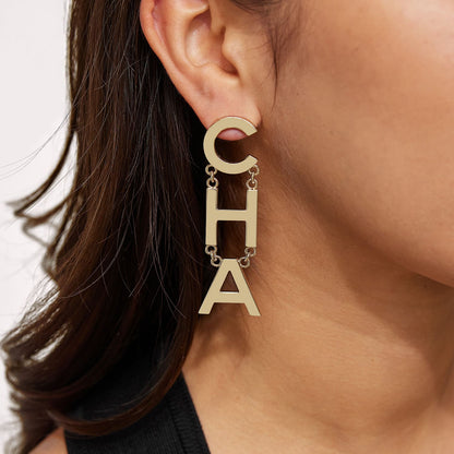 Chanel Metal Cha-Nel Logo Drop Earrings Gold 2 of 5