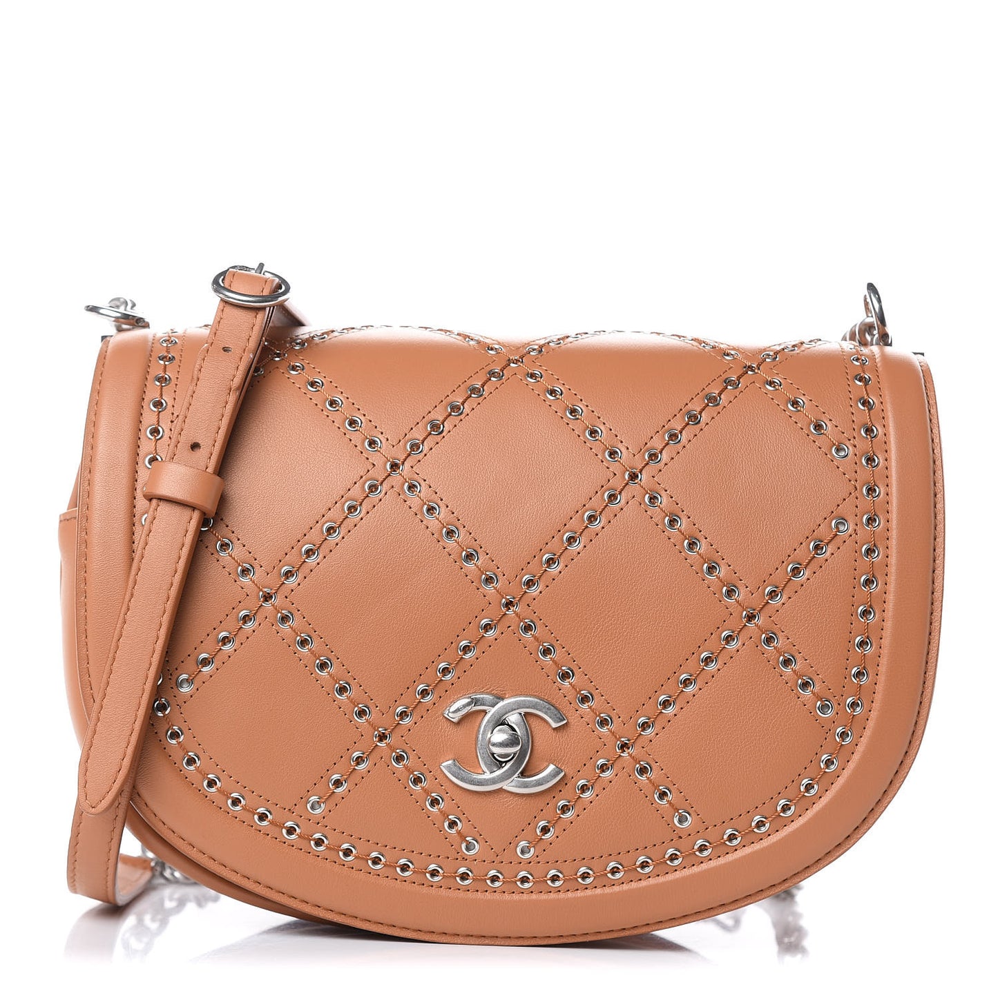 Calfskin Coco Eyelets Small Flap Bag Camel