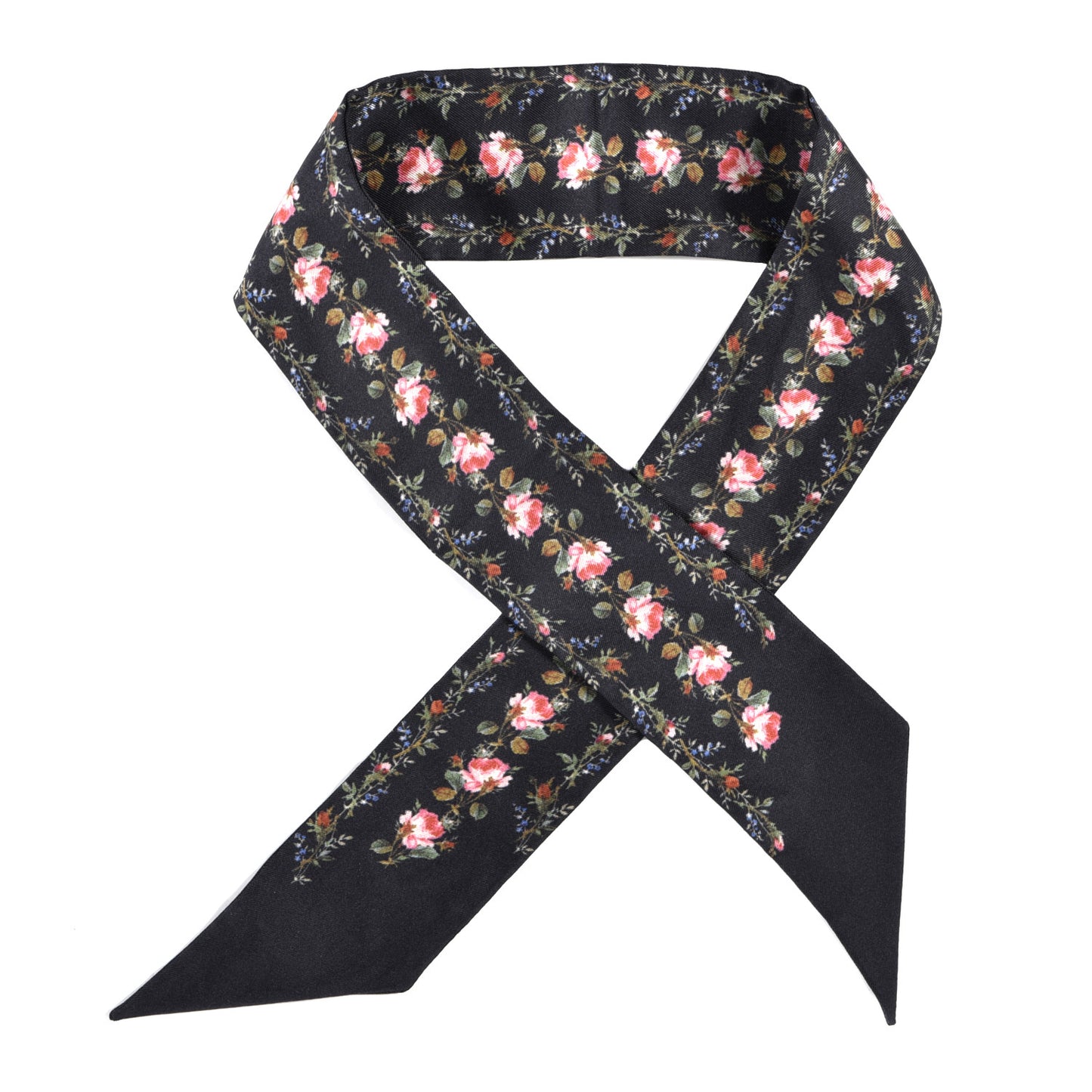 Silk Floral Print Neck Bow Scarf Black