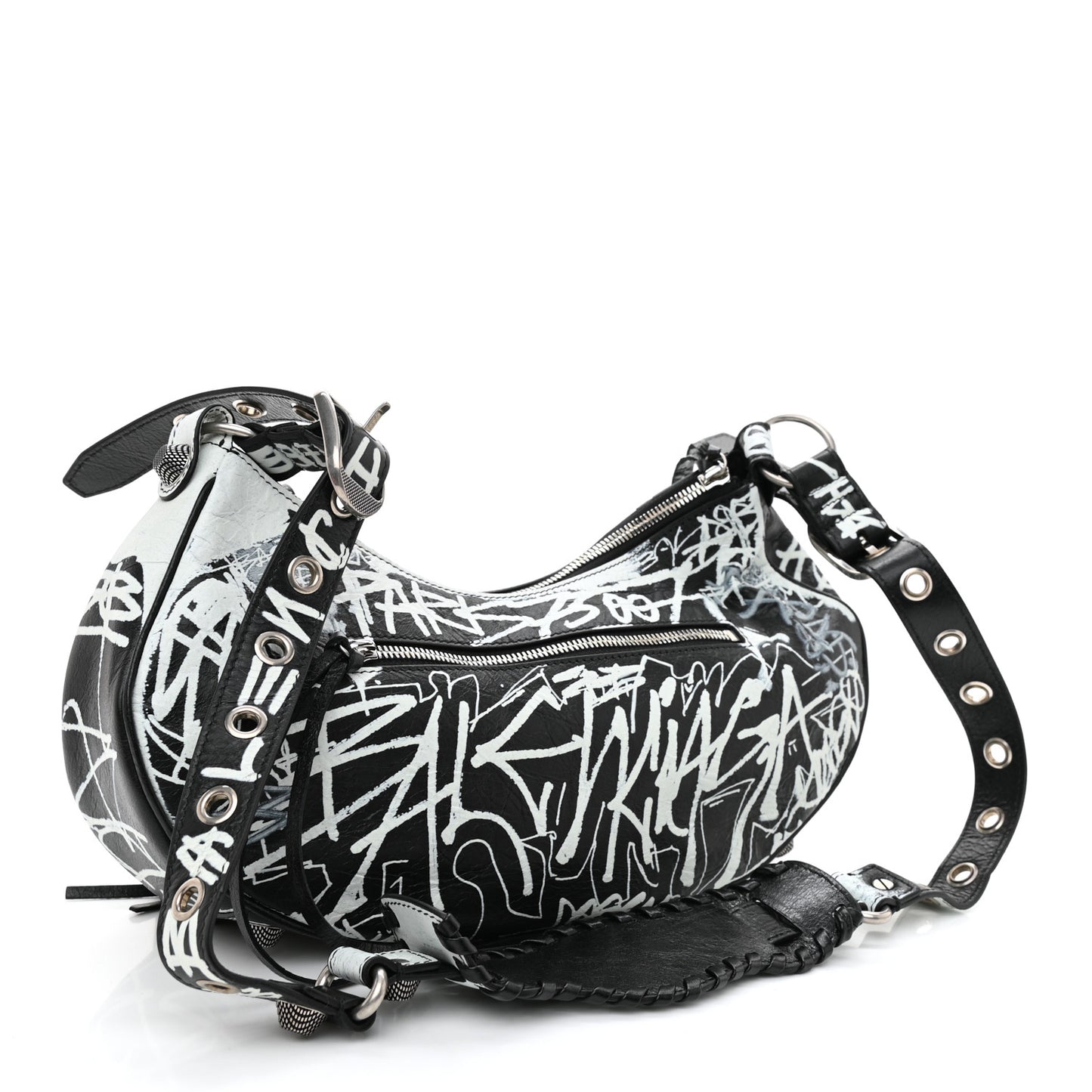 Agneau Arena Graffiti Small Le Cagole Shoulder Bag Black White