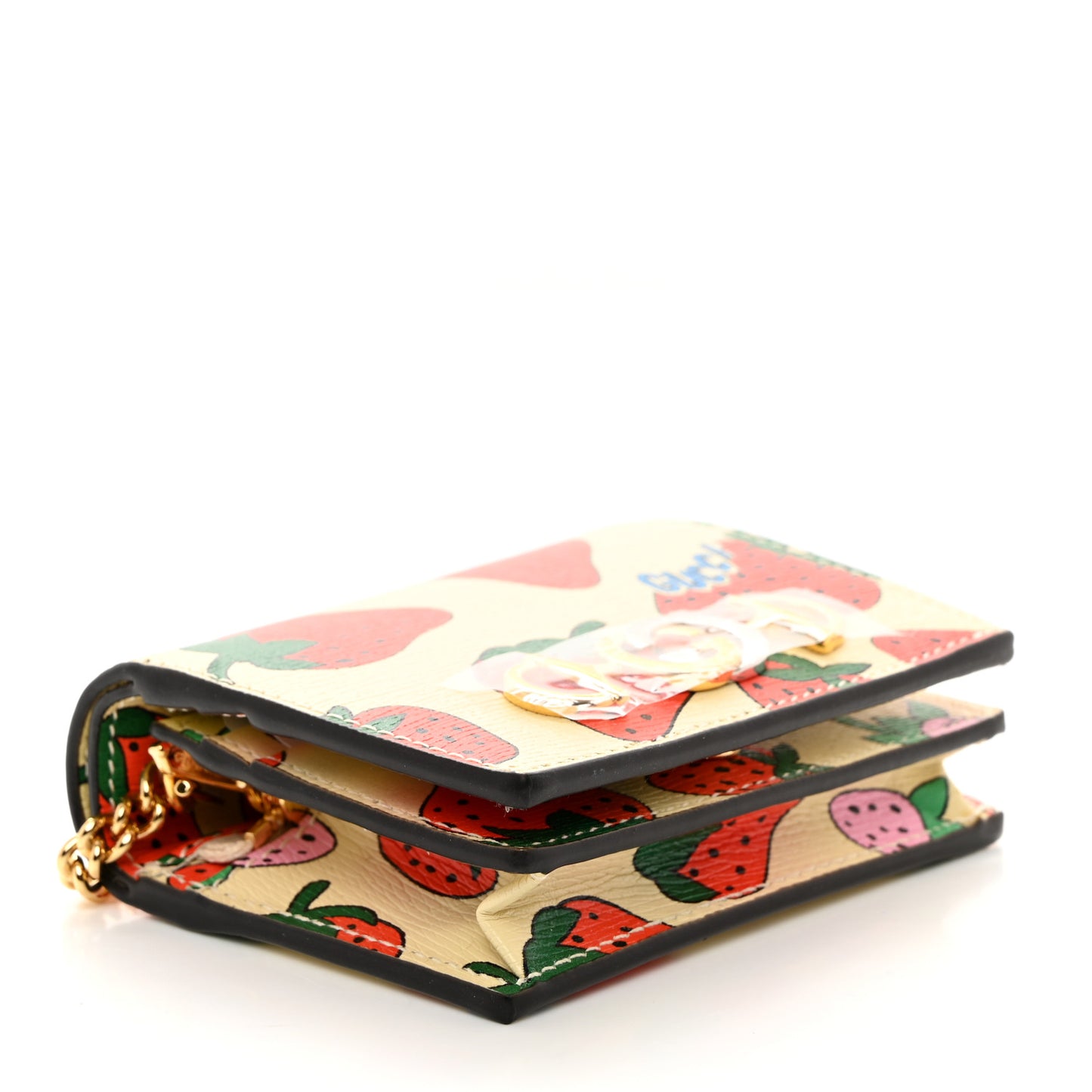 Calfskin Strawberry Print Zumi Chain Card Case Wallet Ivory Red