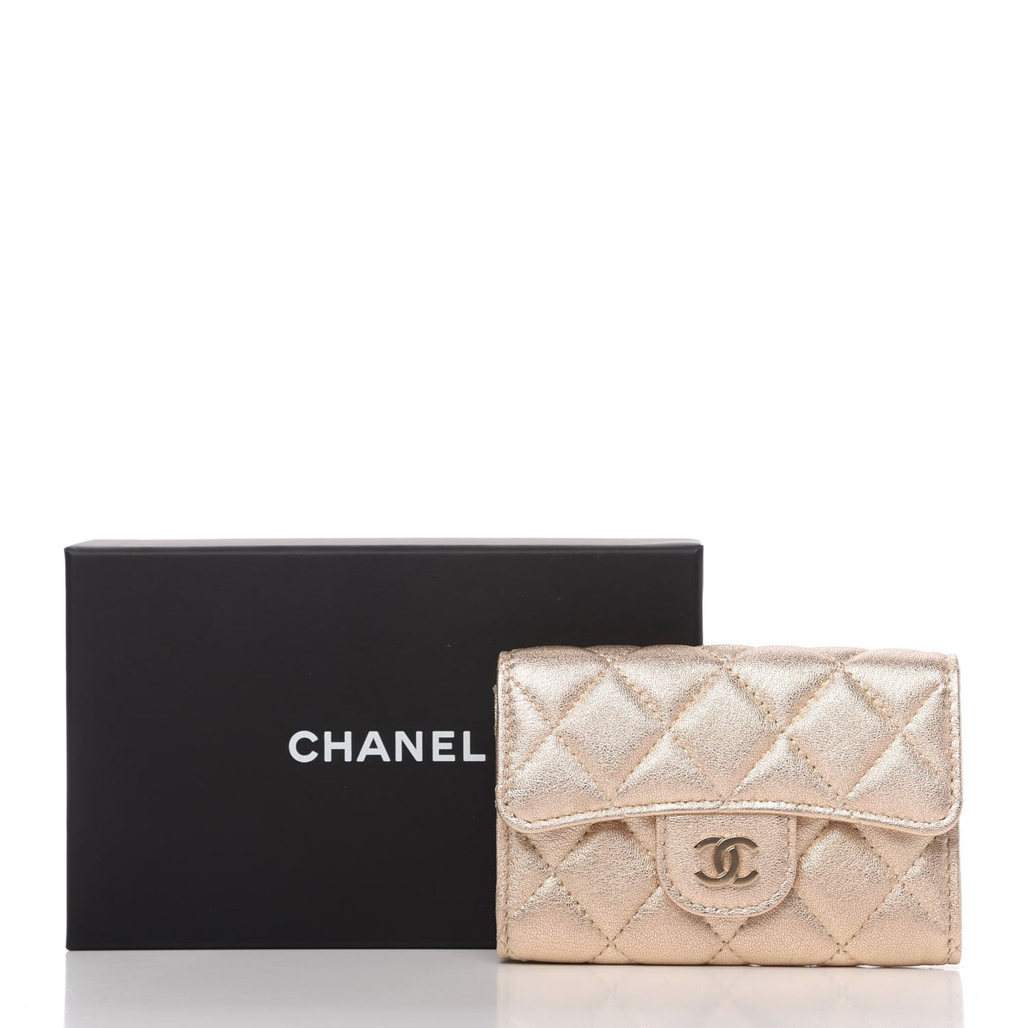 Metallic Lambskin Quilted Flap Card Holder Wallet Gold