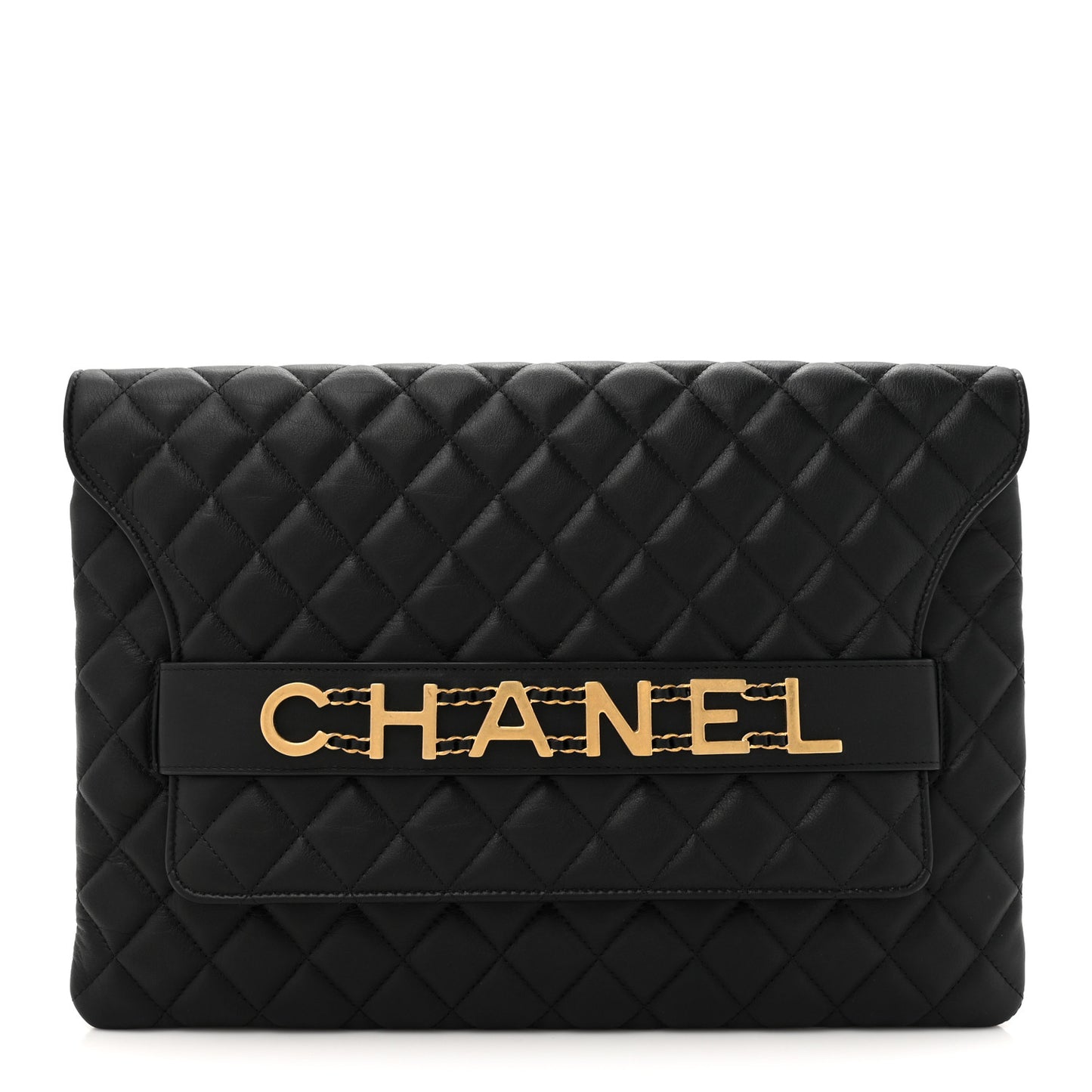 Calfskin Quilted Front Logo Enchained Clutch Black
