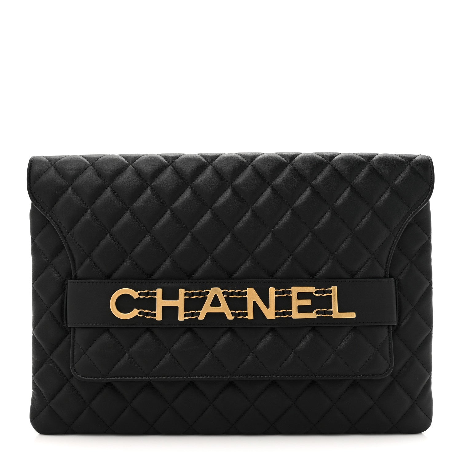 Chanel Calfskin Quilted Front Logo Enchained Clutch Black 1 of 8