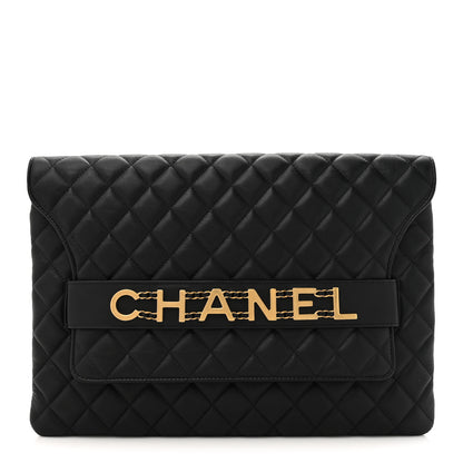 Chanel Calfskin Quilted Front Logo Enchained Clutch Black 1 of 8