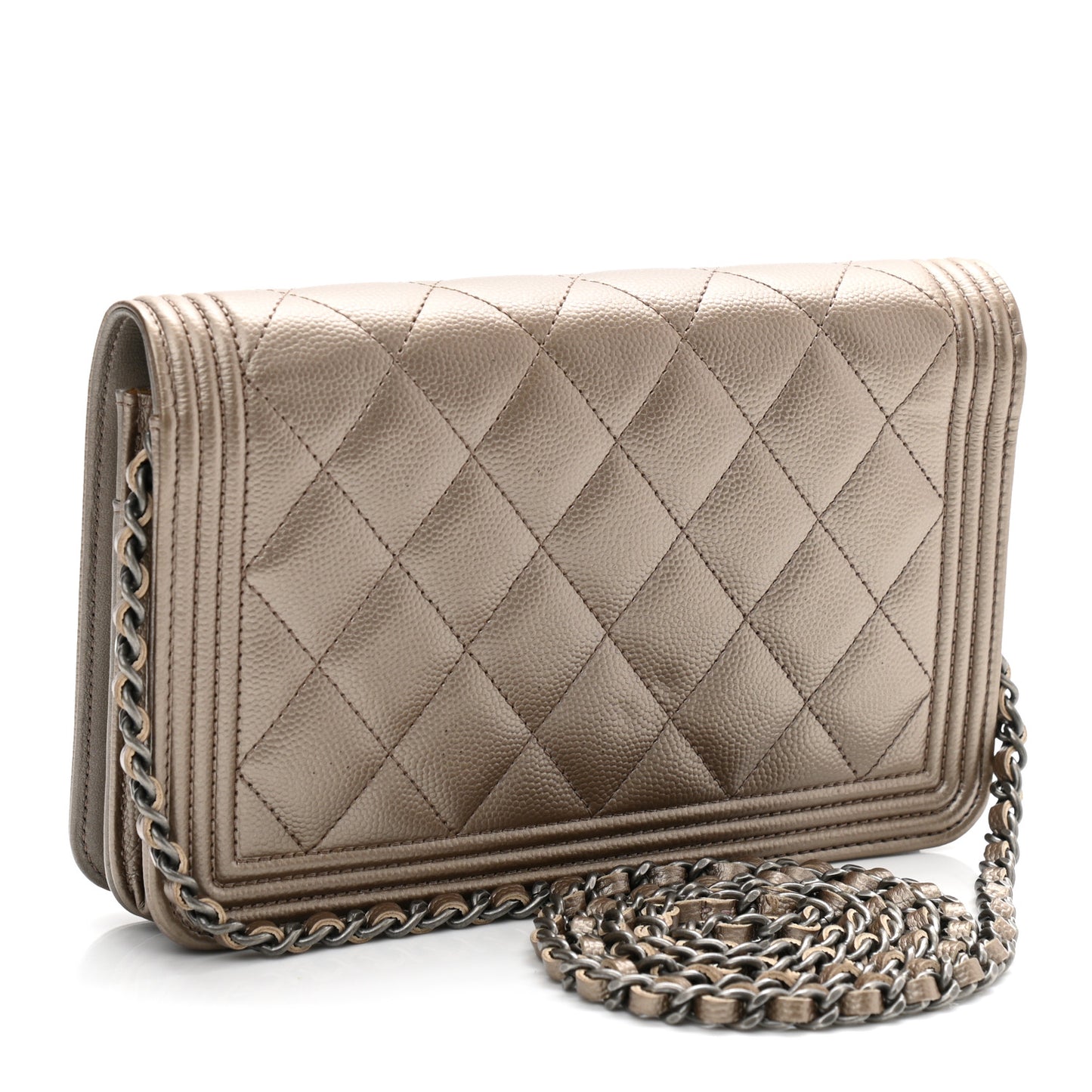 Metallic Caviar Quilted Boy Wallet On Chain WOC Light Gold