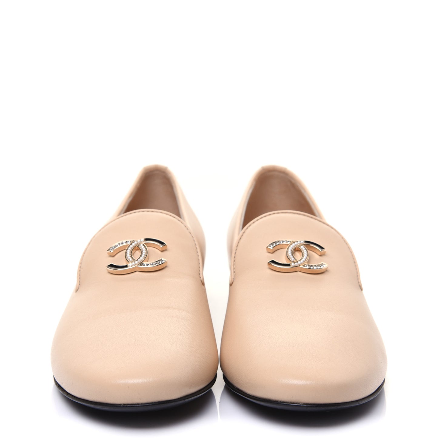 Enamel Pearl Crystal Lambskin CC Moccasin Loafers 37 Beige