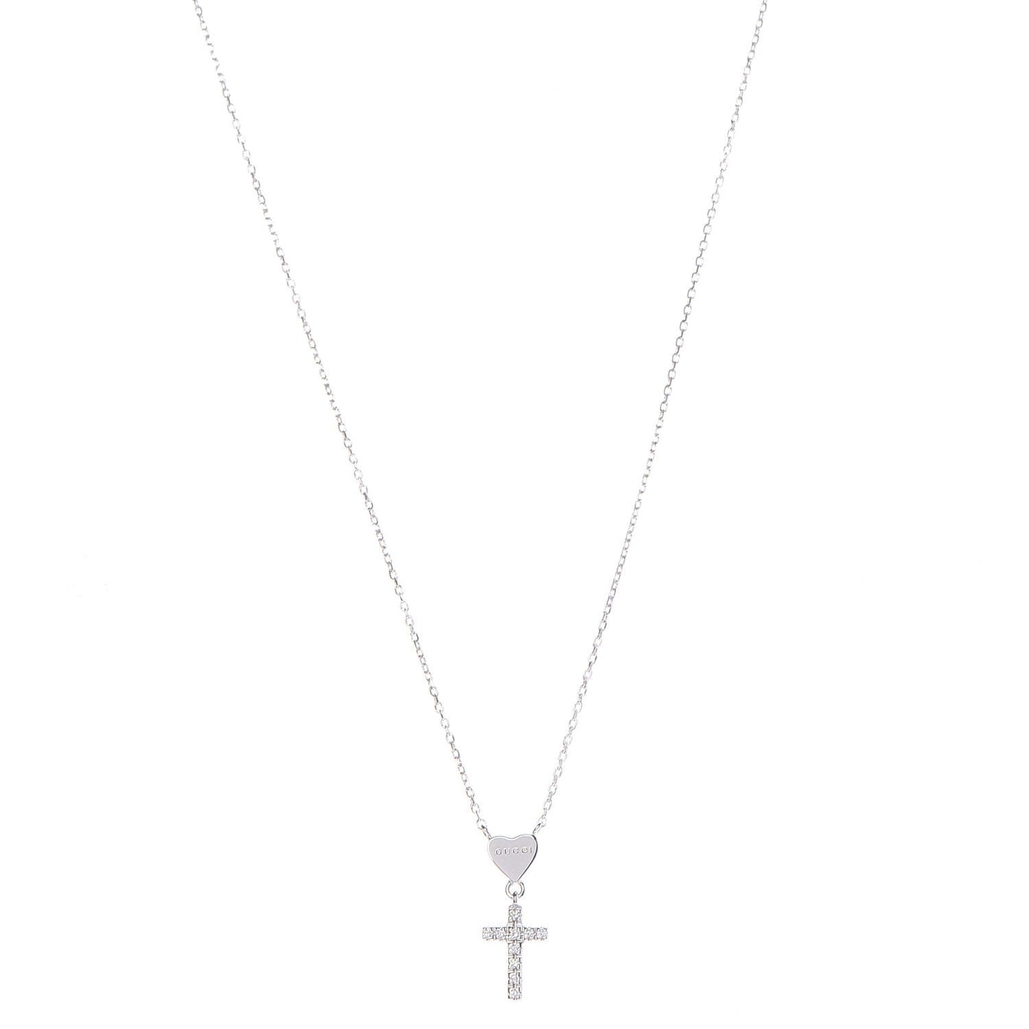 18K White Gold Diamond Heart Cross Pendant Necklace