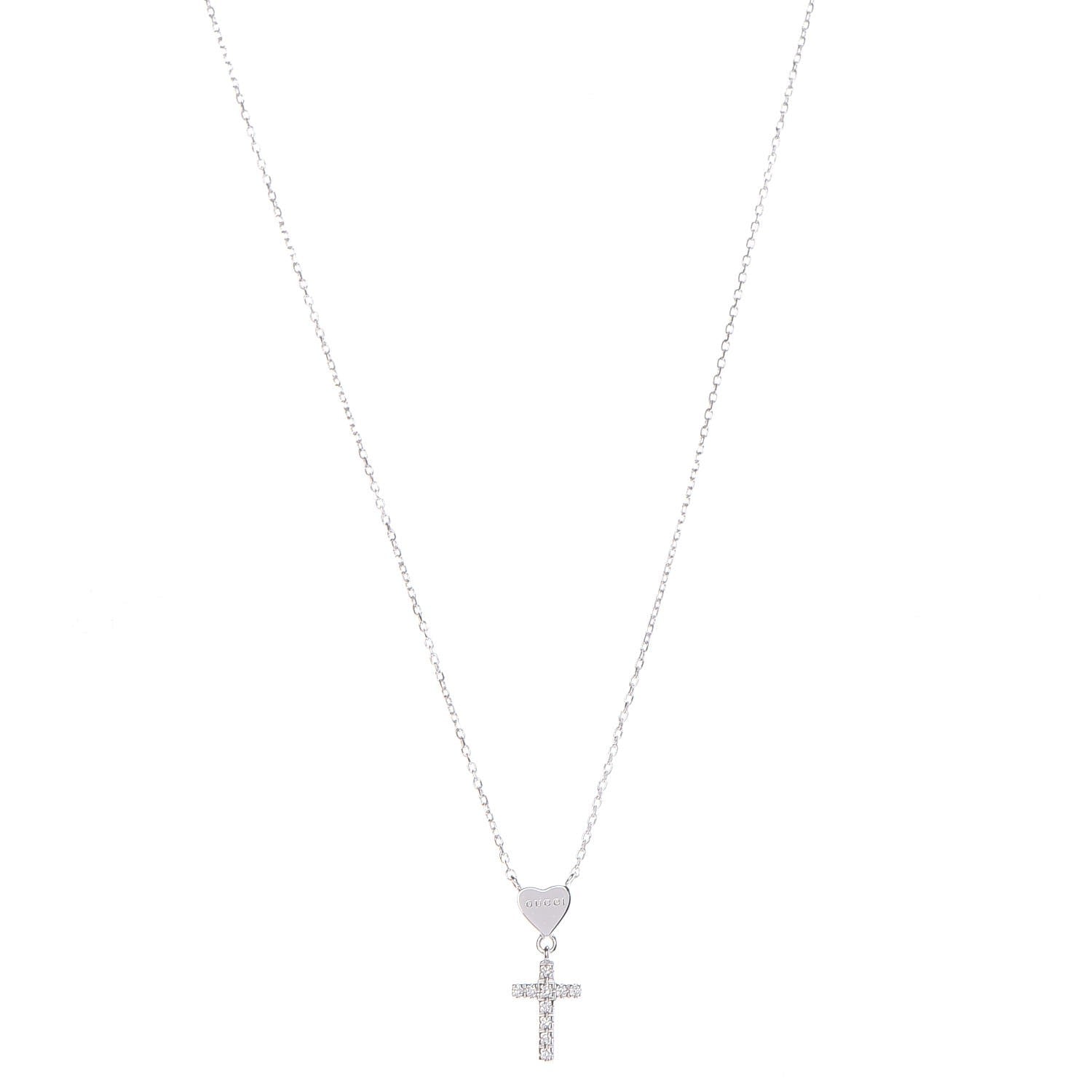 Gucci 18K White Gold Diamond Heart Cross Pendant Necklace 1 of 6