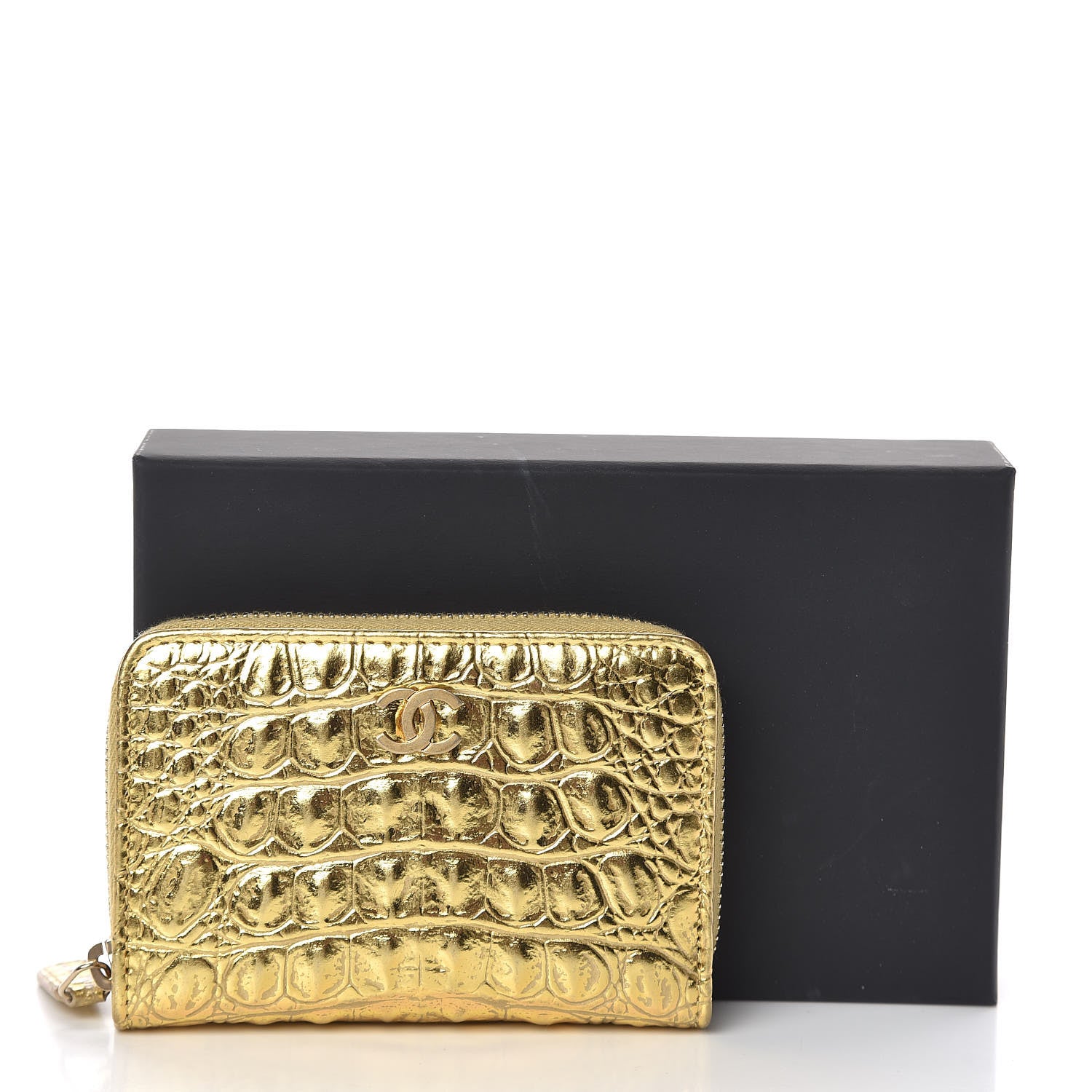 Chanel Metallic Calfskin Crocodile Embossed Cocodile Zip Coin Case Gold 8 of 8