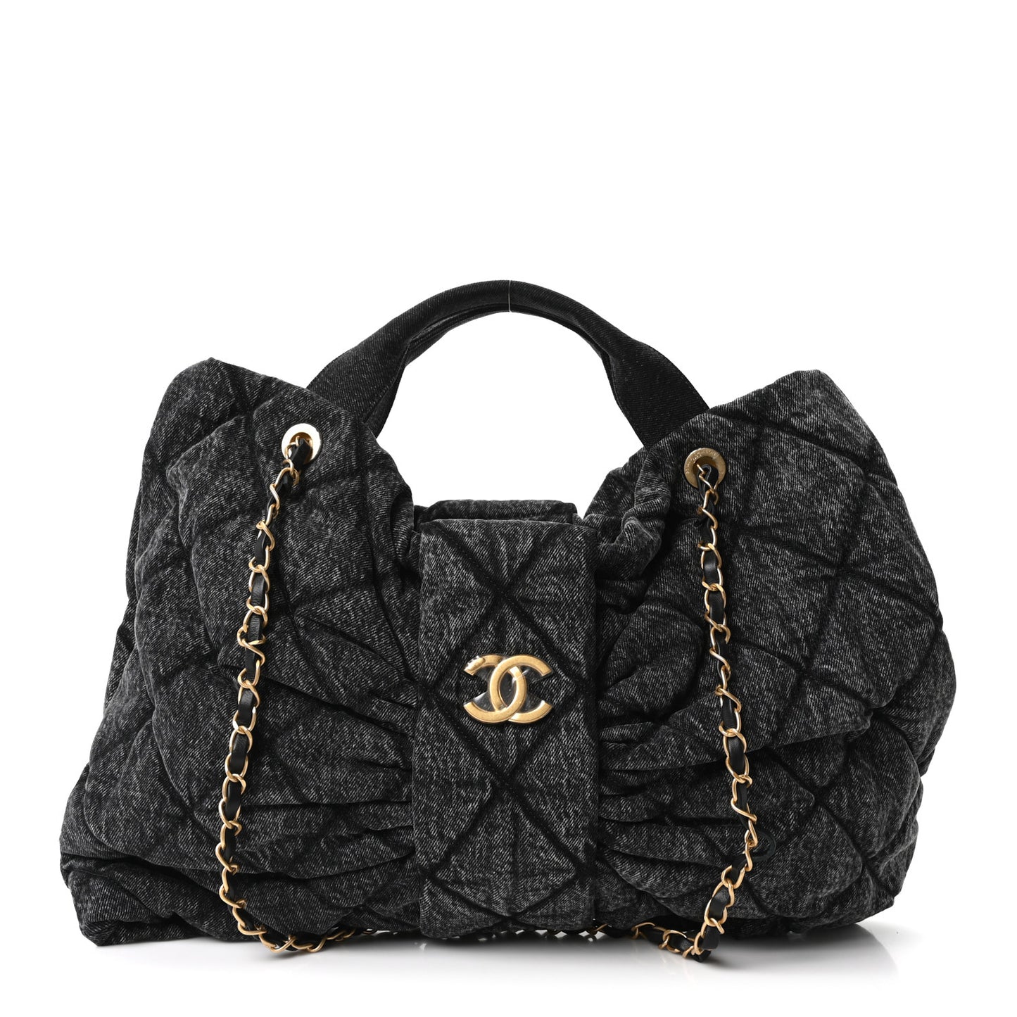 Washed Denim Quilted Maxi Bow Bag Black