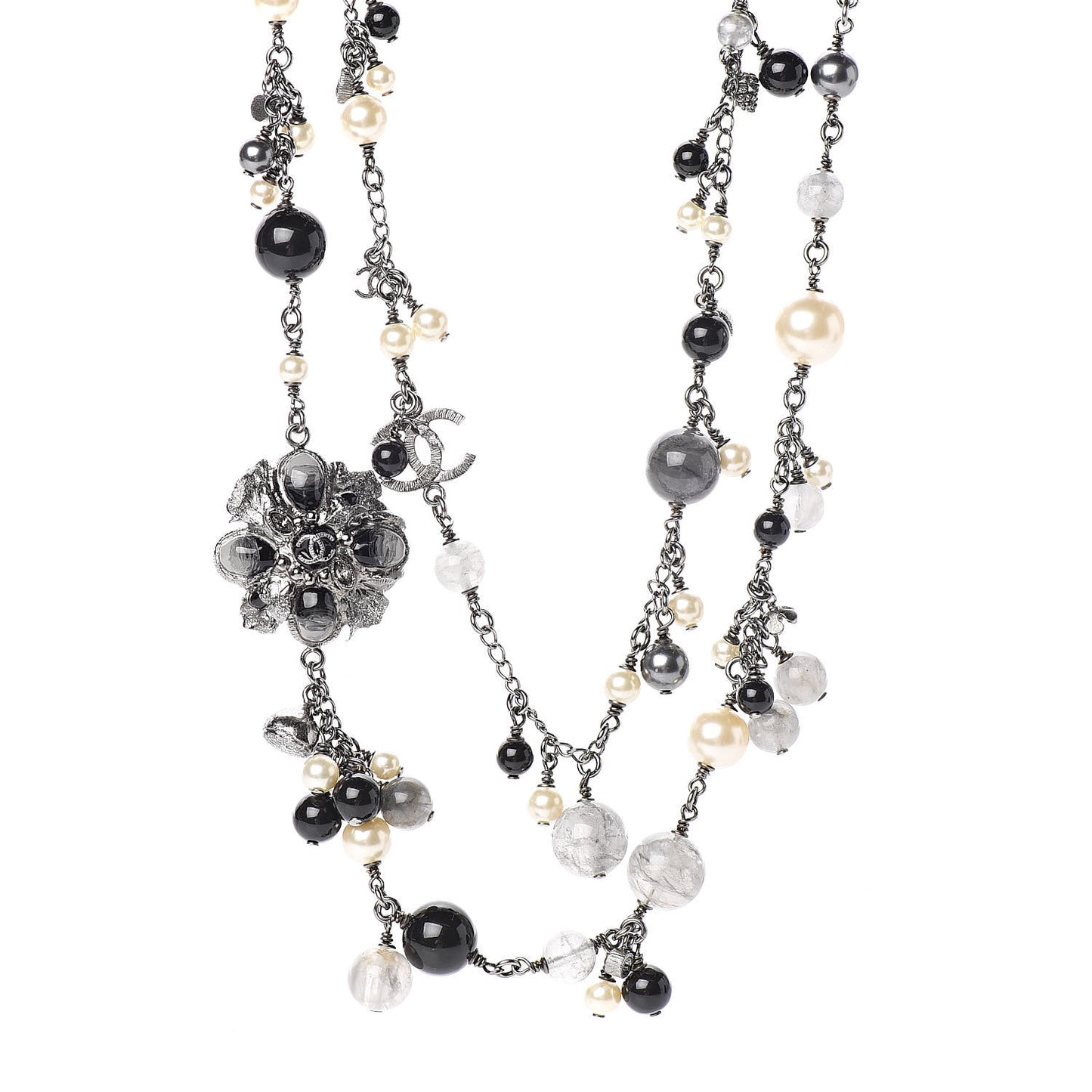 Pearl Crystal Bead CC Long Necklace Black