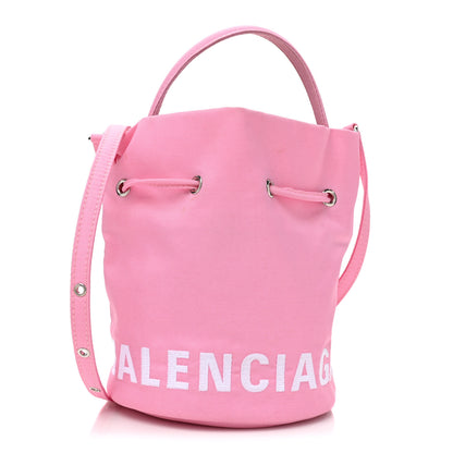 Balenciaga Recycled Sport Nylon Logo Embroidered Wheel Drawstring Bucket Bag XS Pink White 1 of 10