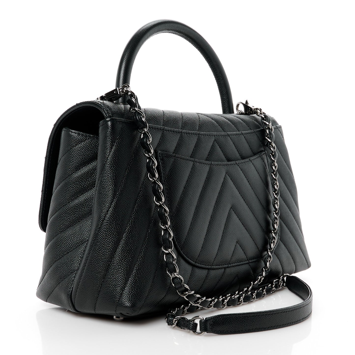 Caviar Chevron Quilted Small Coco Handle Flap Black