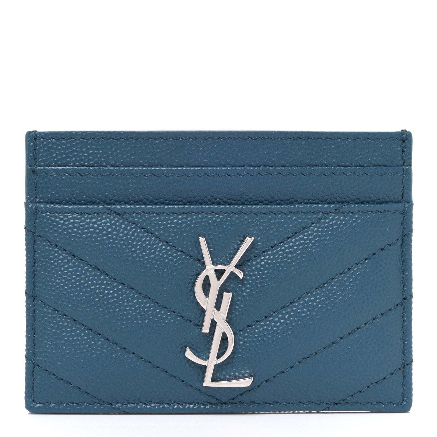 Saint Laurent Grain De Poudre Matelasse Chevron Monogram Credit Card Case Peacock Green 1 of 7