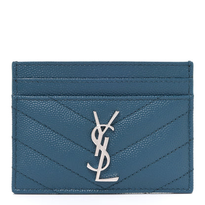 Saint Laurent Grain De Poudre Matelasse Chevron Monogram Credit Card Case Peacock Green 1 of 7