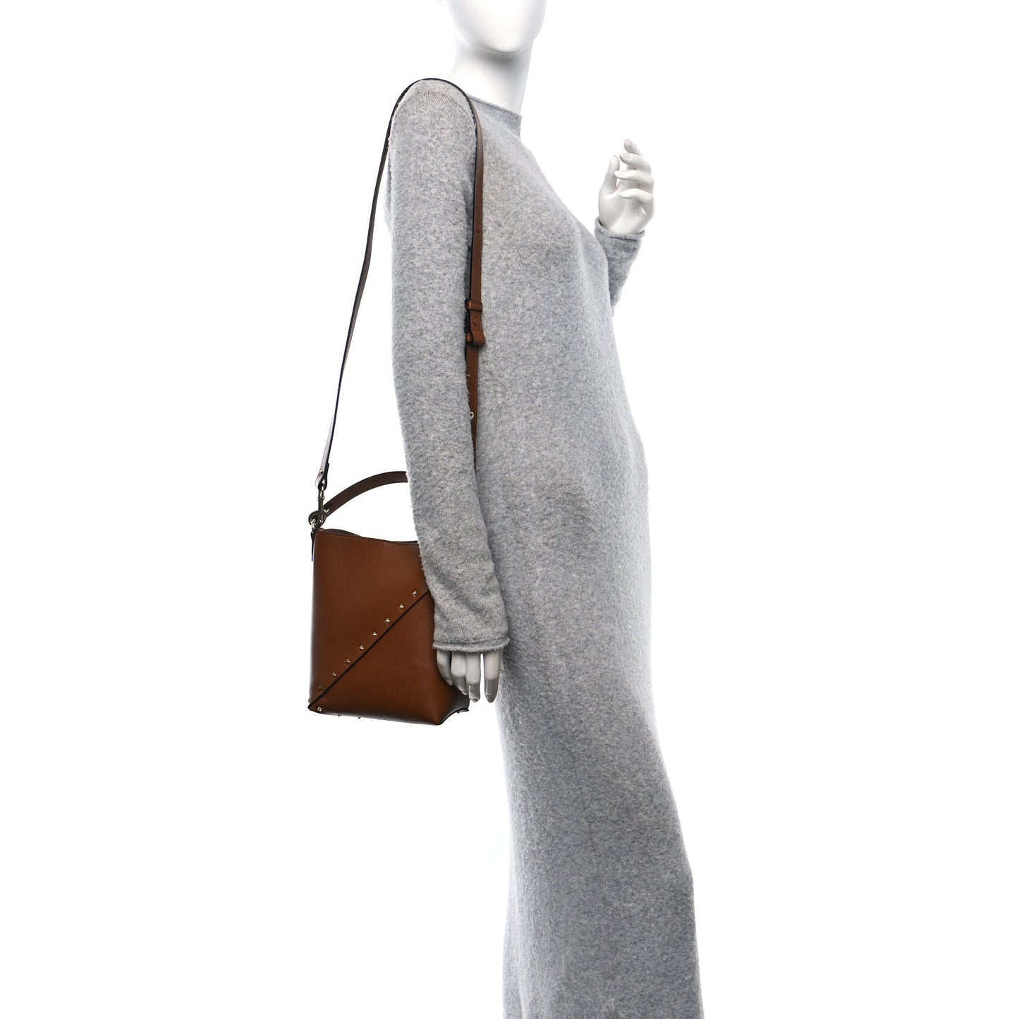 Calfskin Rockstud Wispy Bucket Bag Tobacco