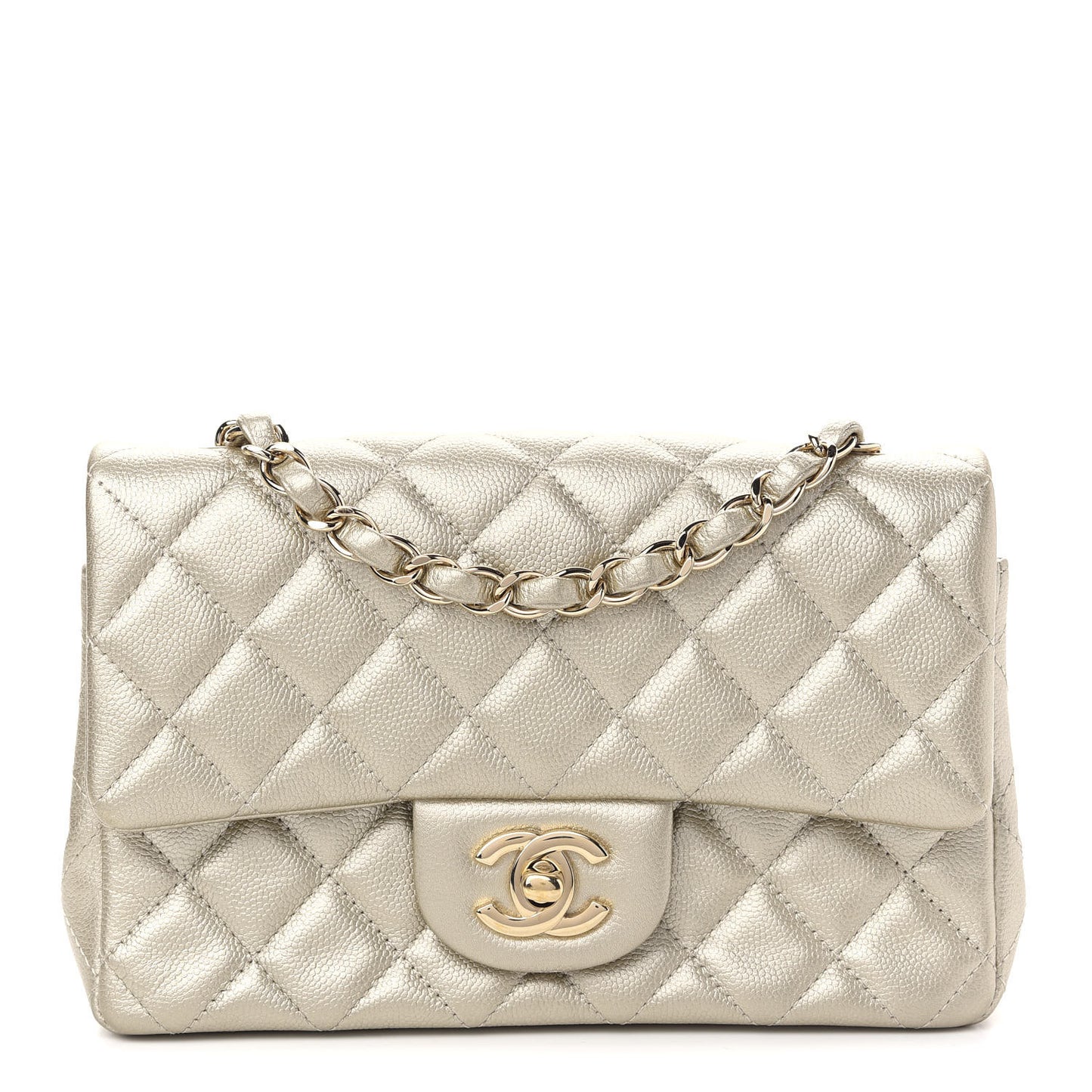 Metallic Caviar Quilted Mini Rectangular Flap Light Gold