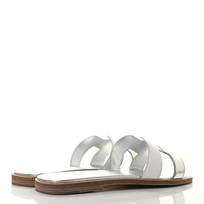 Hermes Metallic Nappa Box Oran Sandals 37 White Gris Argente 3 of 6