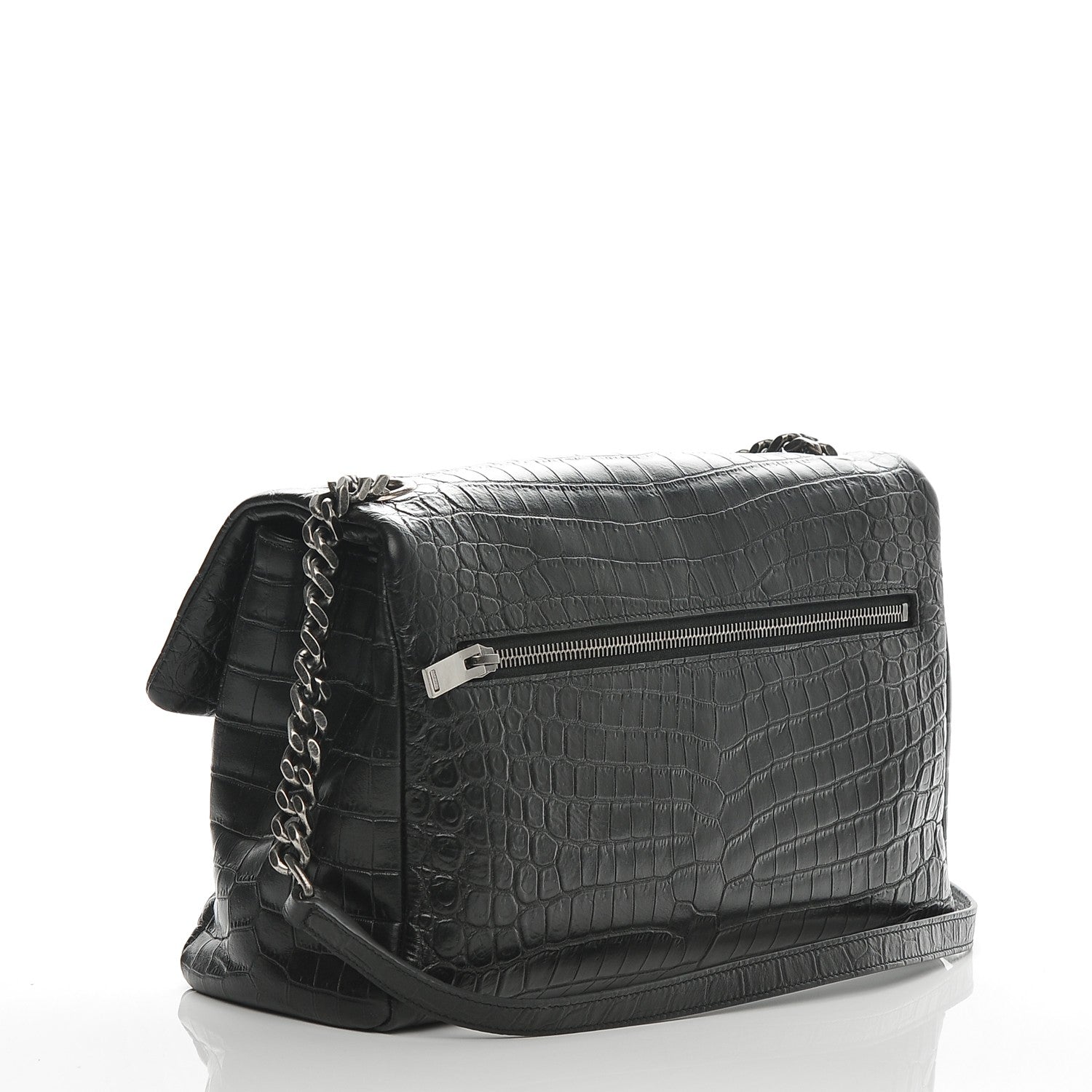 Saint Laurent Calfskin Crocodile Embossed Medium West Hollywood Monogram Fold-Over Black 3 of 6