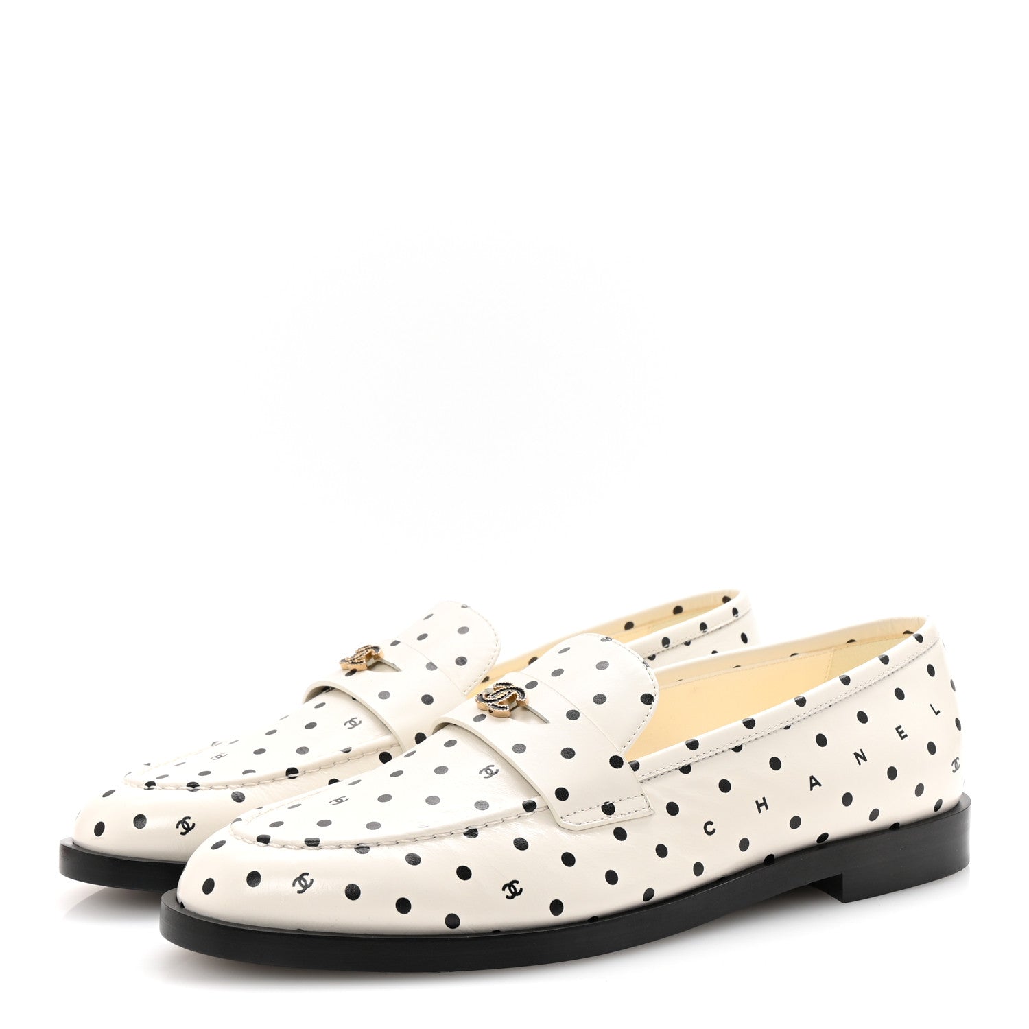 Chanel Printed Calfskin CC Dots Moccasin Loafers 38 Ivory Black