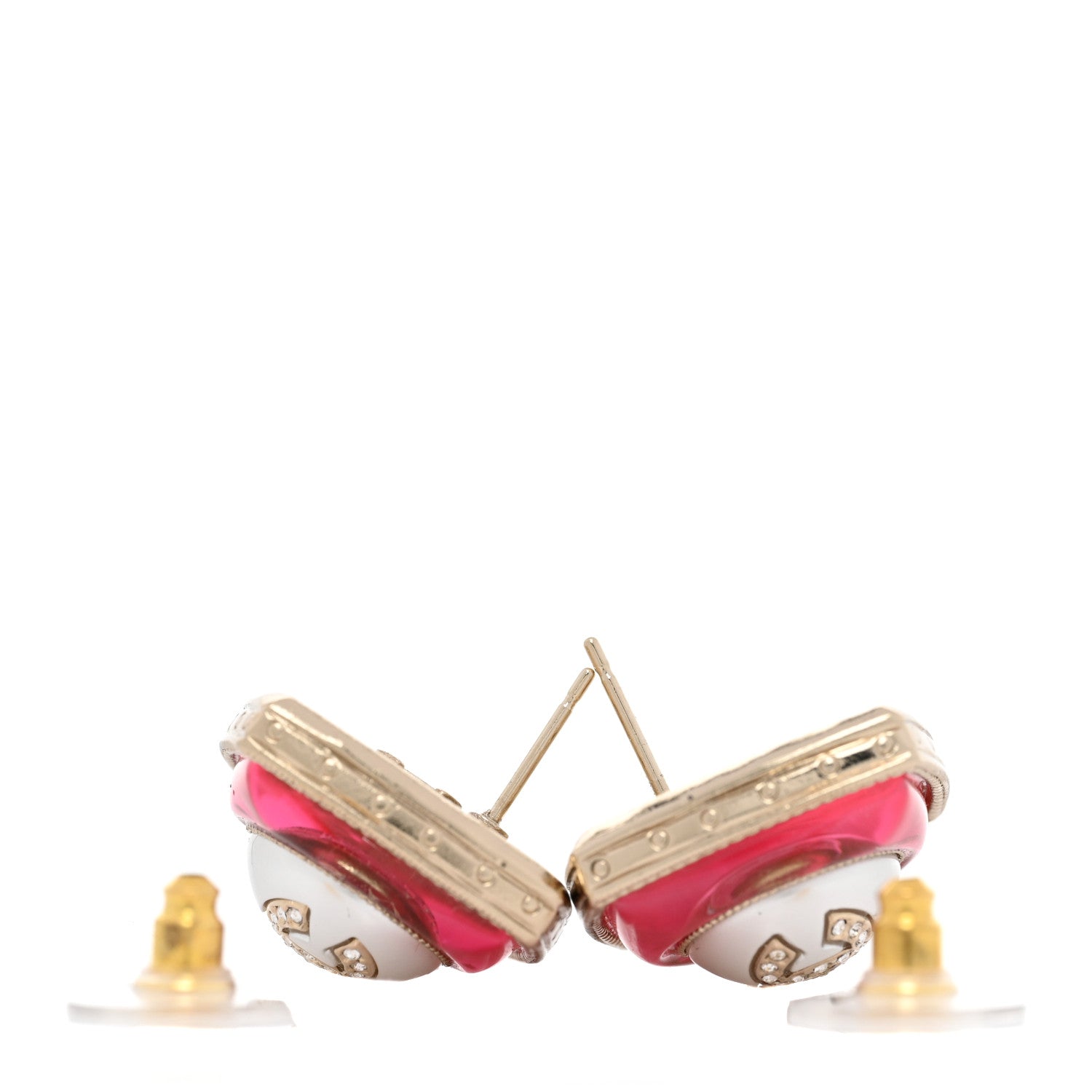 Chanel Metal Glass Pearl Strass CC Earrings Pink Gold 3 of 4