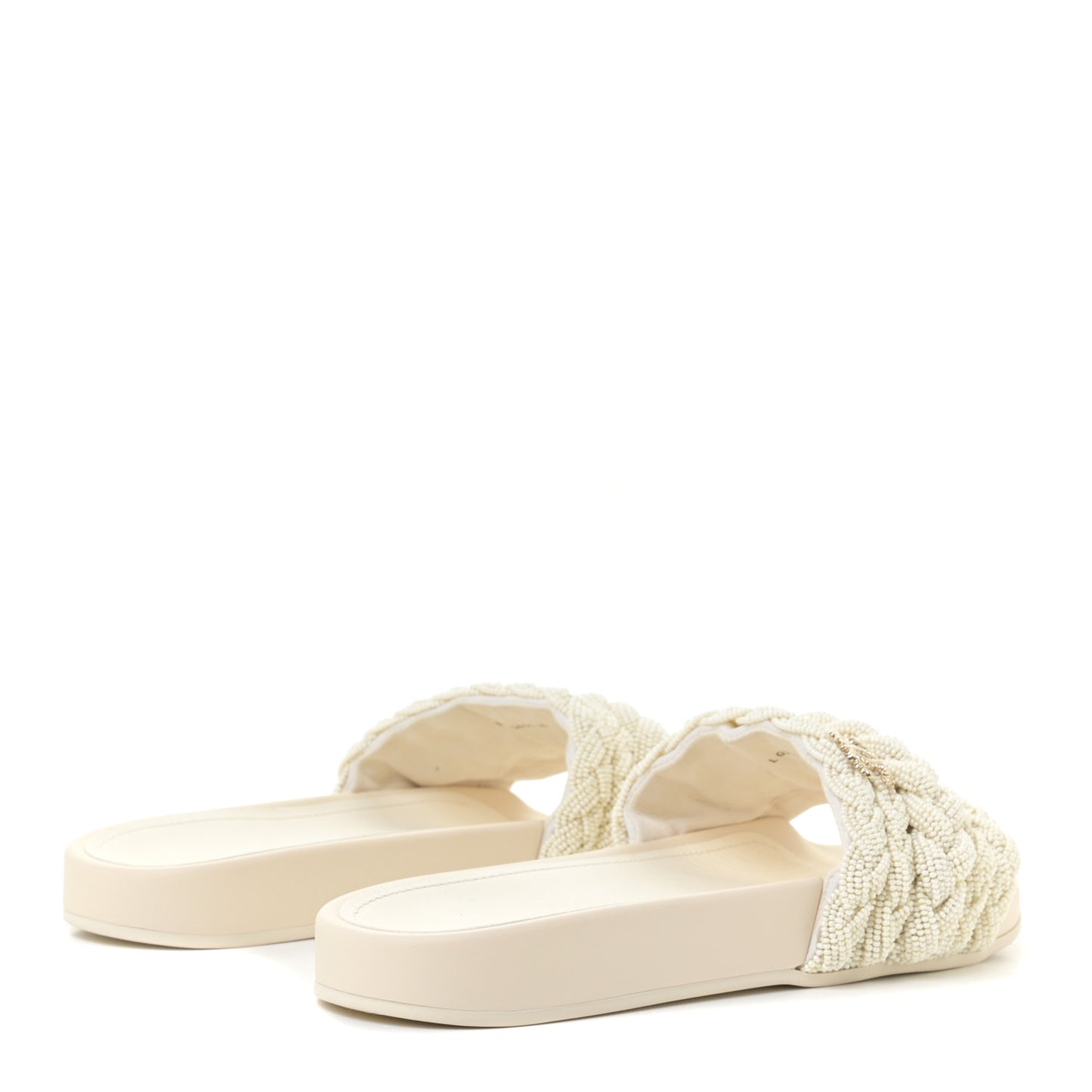 Lambskin Pearl Beaded Woven Slides 39 Beige