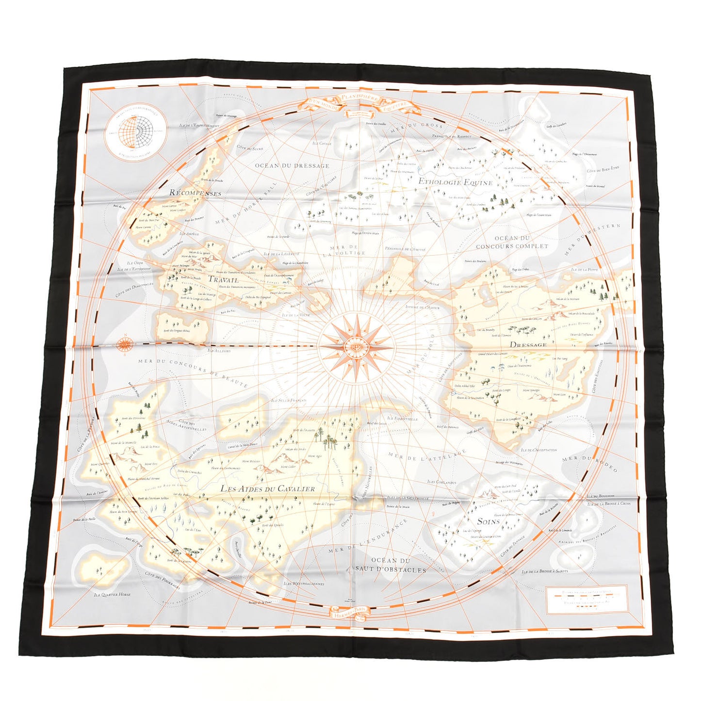 Silk Planisphere d'un Monde Equestre Shawl 140 Gris Black Orange