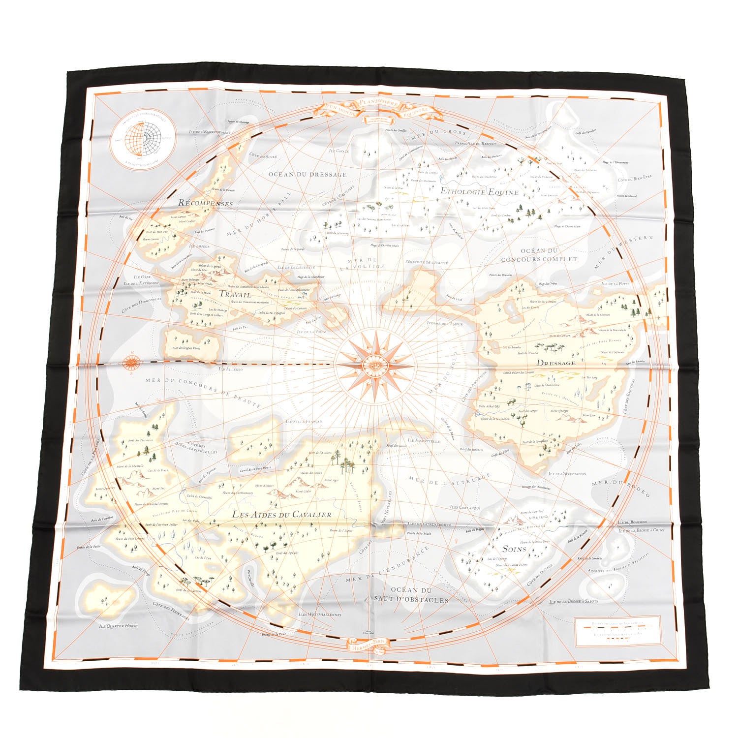 Hermes Silk Planisphere d'un Monde Equestre Shawl 140 Gris Black Orange 1 of 6