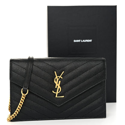 Saint Laurent Grain De Poudre Matelasse Chevron Monogram Envelope Chain Wallet Black 10 of 10