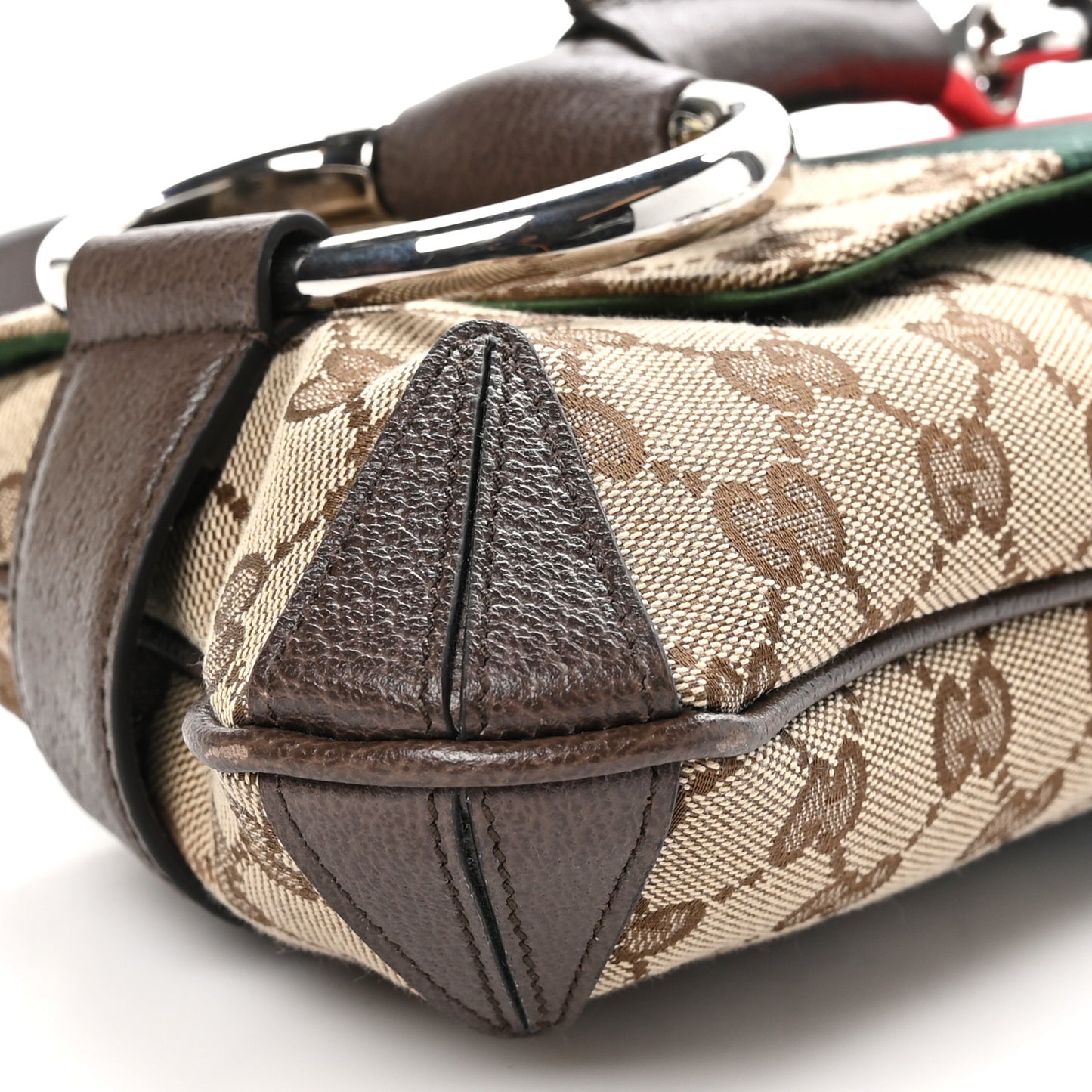 Monogram Textured Dollar Calfskin Heavy Grosgrain Web Medium Maxi Horsebit Chain Shoulder Bag Beige Ebony New Acero
