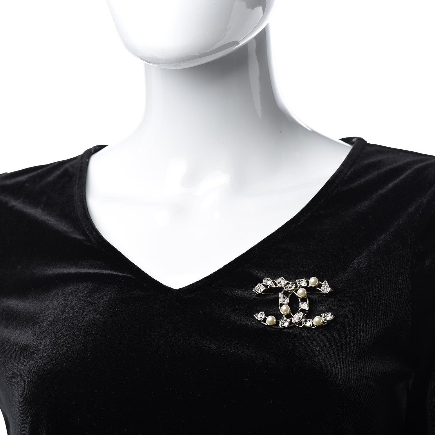 Chanel Metal Glass Pearl CC Crystal Snowfall Brooch Gold 2 of 5