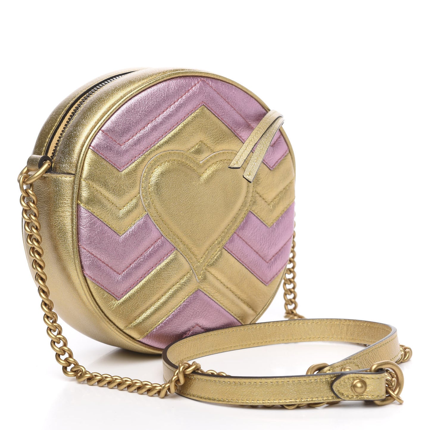 Metallic Nappa Matelasse Heart Mini GG Marmont Round Shoulder Bag Oro Vecchio Rosa