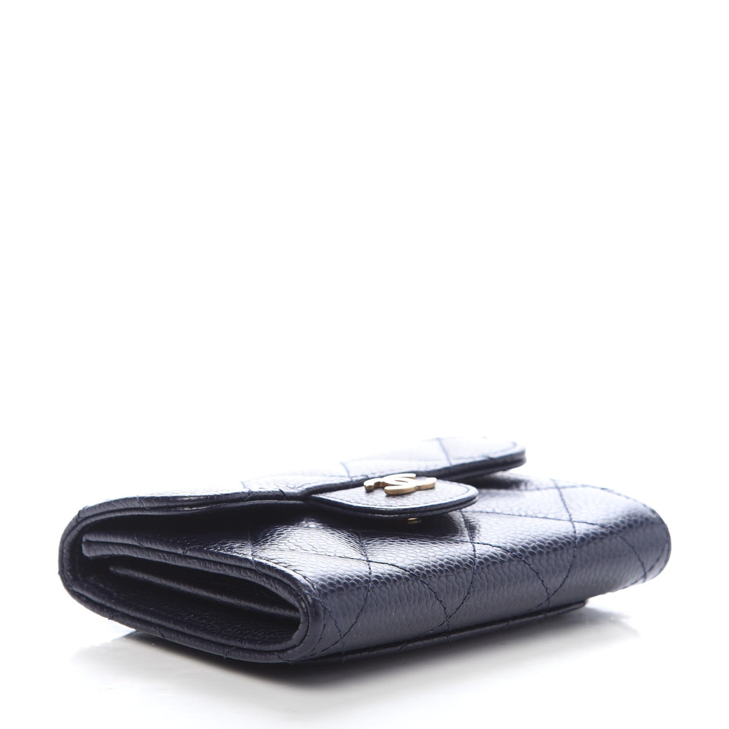 Caviar Quilted Flap Card Holder Wallet Navy Blue
