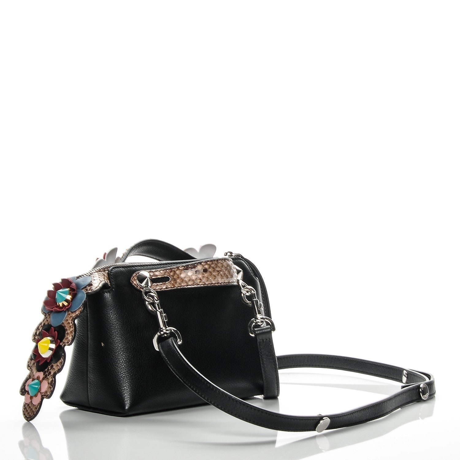 Fendi Vitello Dolce Snakeskin Nappa Croc Tail Flowerland Studded Mini By The Way Boston Bag Black Natural Multicolor 3 of 5
