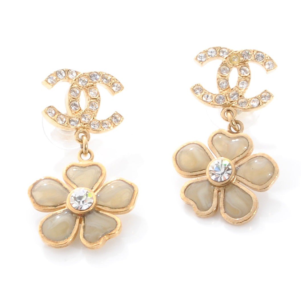 Chanel Crystal CC Camellia Drop Earrings Gold 1 of 5